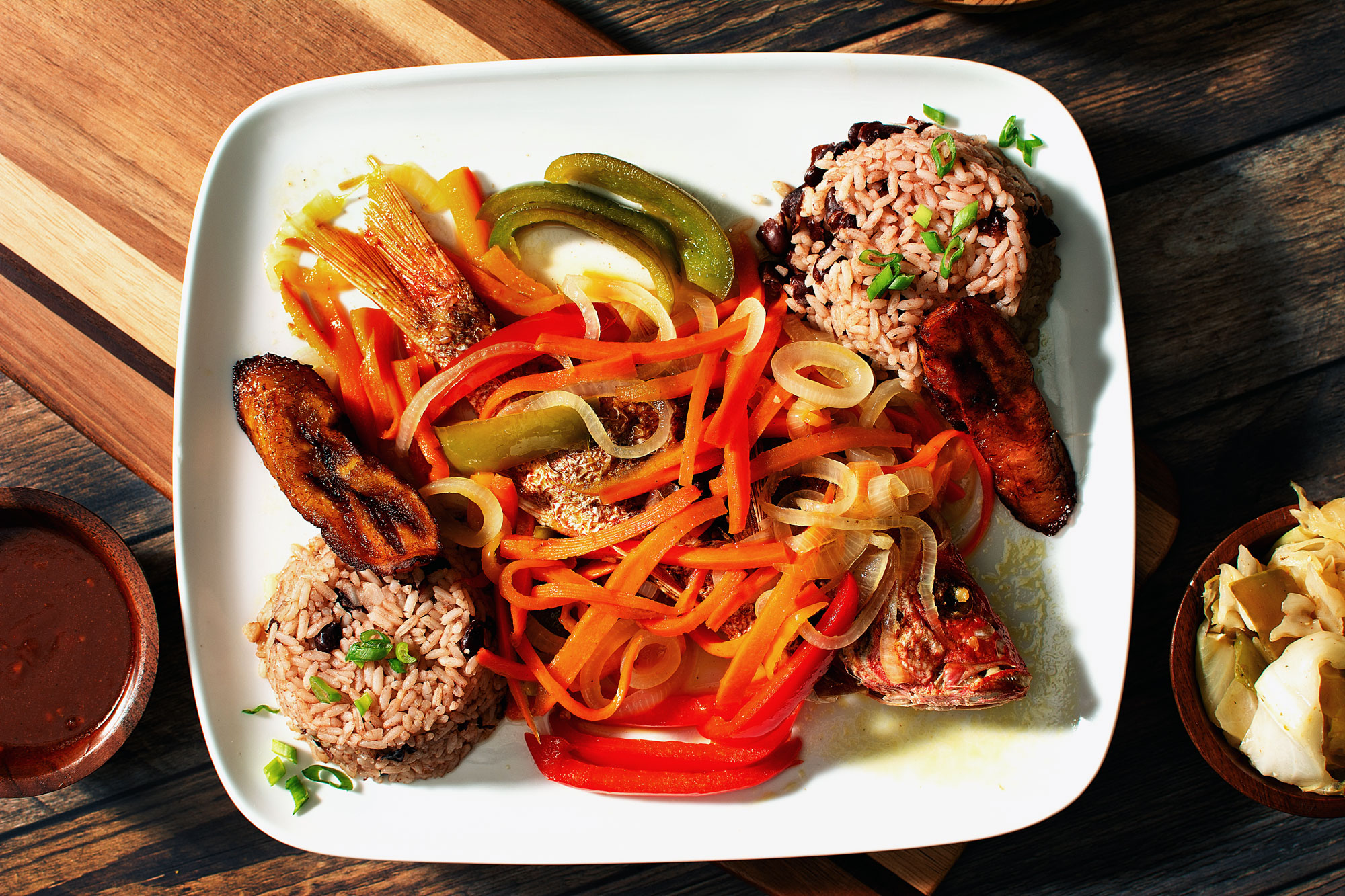 Escovitch red snapper with rice and peas and plantains